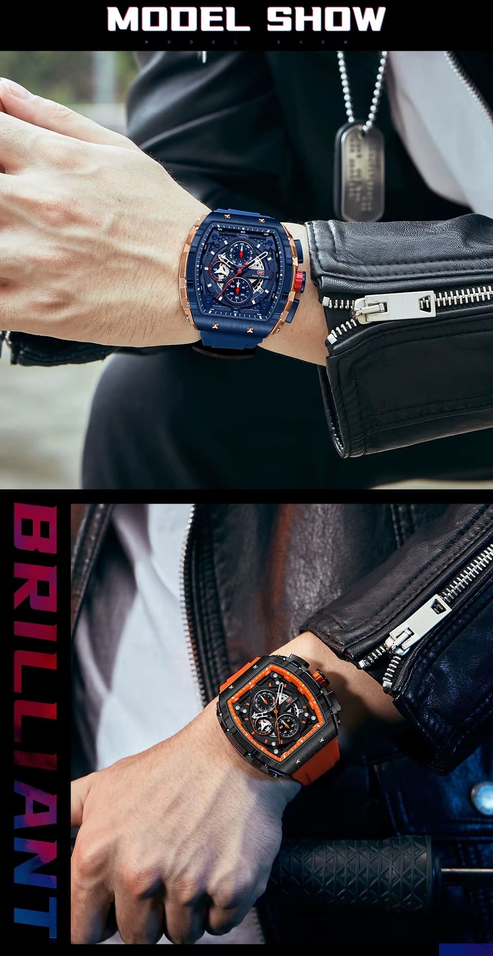 mf0399g mini focus watch for men black dial rubber orange strap quartz battery square analog chronograph 16
