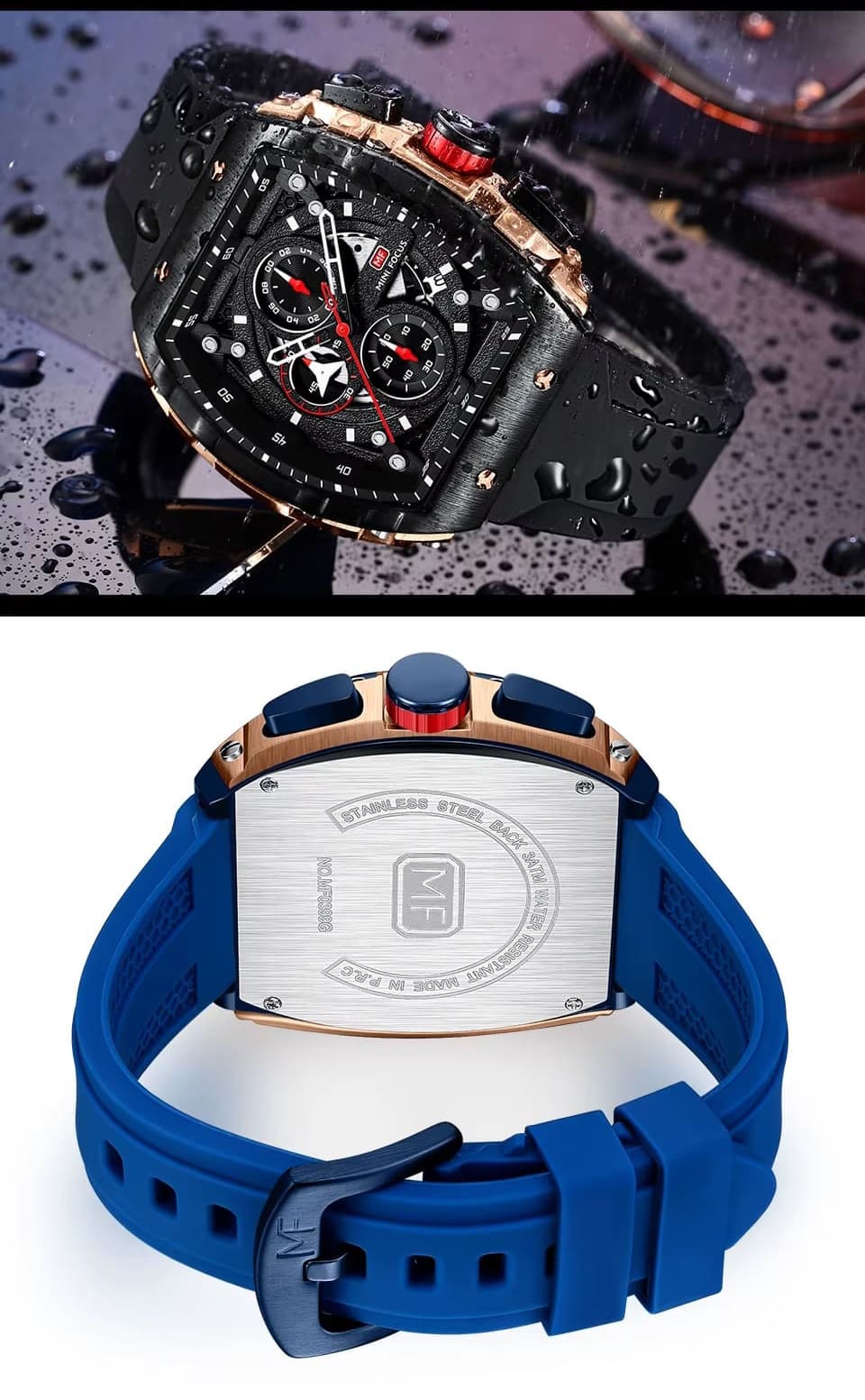 mf0399g mini focus watch for men black dial rubber orange strap quartz battery square analog chronograph 21