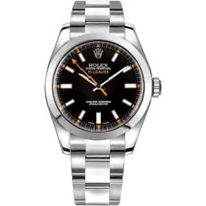 116400 0001 rolex watch oyster perpetual superlative chronometer officially certified men black dial metal silver strap automatic analog sweeping hands milgauss