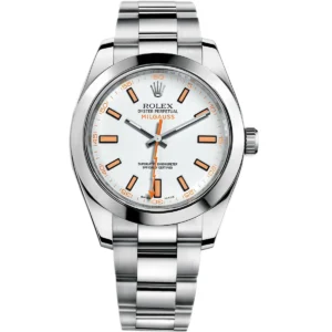 116400 0002 rolex watch oyster perpetual superlative chronometer officially certified men white dial metal silver strap automatic analog sweeping hands milgauss
