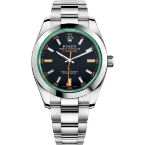 116400gv 0001 rolex watch oyster perpetual superlative chronometer officially certified men black dial metal silver strap automatic analog sweeping hands milgauss