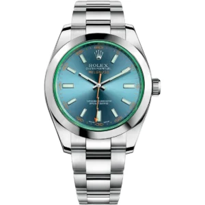 116400gv 0002 rolex watch oyster perpetual superlative chronometer officially certified men blue dial metal silver strap automatic analog sweeping hands milgauss
