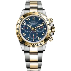 116523 0045 rolex watch oyster perpetual superlative chronometer officially certified men blue dial metal silver gold strap automatic analog cosmograph daytona
