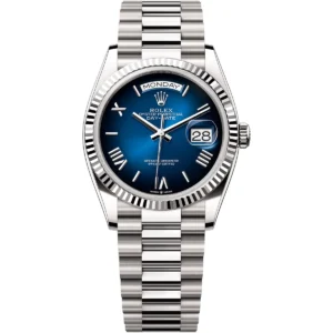 128239 0063 rolex watch oyster perpetual day date superlative chronometer officially certified men blue dial metal silver strap automatic analog sweeping hands
