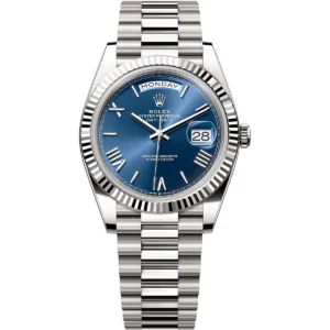 228239 0007 rolex watch oyster perpetual day date superlative chronometer officially certified men blue dial metal silver strap automatic analog sweeping hands