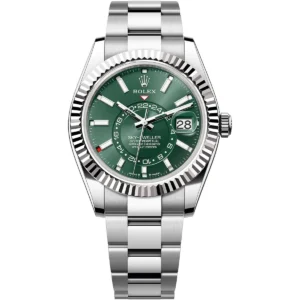 336934 0001 rolex watch sky dweller oyster perpetual superlative chronometer officially certified men green dial metal silver strap automatic analog sweeping hands