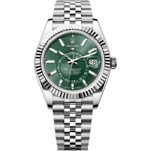 336934 0002 rolex watch sky dweller oyster perpetual superlative chronometer officially certified men green dial metal silver strap automatic analog sweeping hands