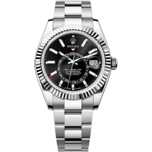 336934 0007 rolex watch sky dweller oyster perpetual superlative chronometer officially certified men black dial metal silver strap automatic analog sweeping hands