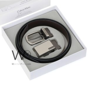 calvin klein for men black 2 buckles gray double face belt leather ck gift box