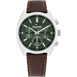 1710719 tommy hilfiger watch chronograph men green dial leather brown strap quartz analog hudson