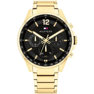 1791974 tommy hilfiger watch men black dial metal stainless steel gold strap quartz battery analog max