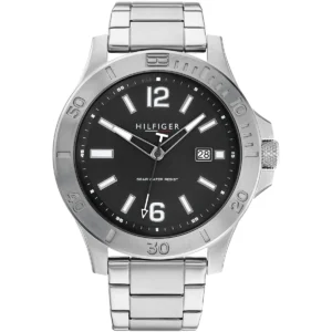 1791995 tommy hilfiger watch 5atm water resist men black dial metal stainless steel silver strap quartz battery analog three hand ryan
