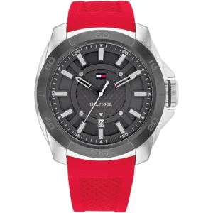 1792135 tommy hilfiger watch men gray dial rubber red strap quartz analog windsurf