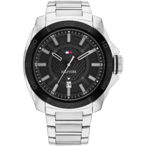 1792138 tommy hilfiger watch men black dial metal stainless steel silver strap quartz analog windsurf