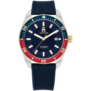 1792141 tommy hilfiger watch automatic 100meters men blue dial leather rubber strap analog th85