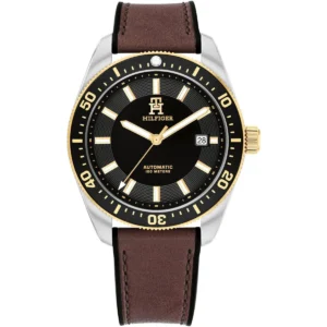 1792142 tommy hilfiger watch automatic 100meters men black dial leather rubber brown strap analog th85