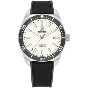 1792153 tommy hilfiger watch automatic 100meters men beige dial leather rubber black strap analog th85