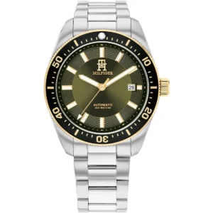 1792155 tommy hilfiger watch automatic 100meters men green dial metal stainless steel silver strap analog th85