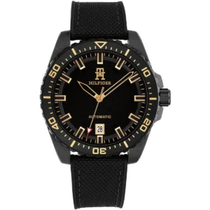 1792159 tommy hilfiger watch automatic men textile over silicone black dial rubber strap analog th85