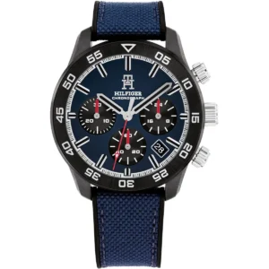 1792183 tommy hilfiger watch chronograph men textile over silicone blue dial rubber strap quartz analog th85