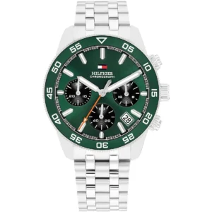 1792214 tommy hilfiger watch men green dial metal stainless steel silver strap quartz analog chronograph th85