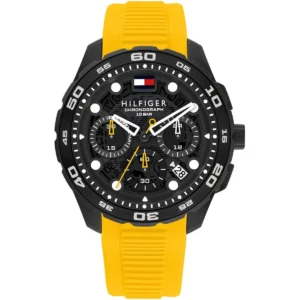 1792235 tommy hilfiger watch men black dial rubber yellow strap quartz analog chronograph th regatta