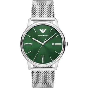 ar11578 emporio armani watch men green dial metal stainless steel silver mesh strap quartz analog minimalist