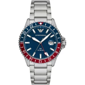 ar11590 emporio armani watch gmt 100 meters men blue dial metal stainless steel silver strap quartz analog diver