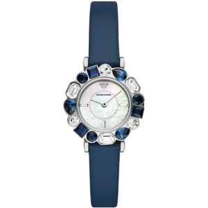 ar11595 emporio armani watch women mother of pearl crystals white dial leather blue strap quartz analog gianni t bar