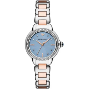 ar11597 emporio armani watch women crystals two tone blue dial metal stainless steel silver rose gold strap quartz analog mia