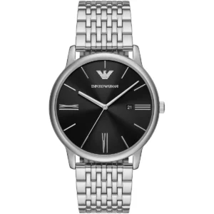 ar11600 emporio armani watch men black dial metal stainless steel silver strap quartz analog minimalist