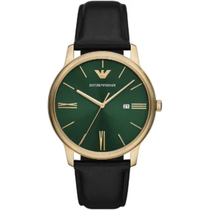 ar11601 emporio armani watch men green dial leather black strap quartz analog minimalist