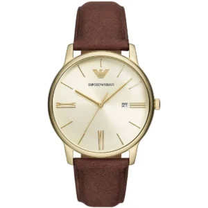 ar11610 emporio armani watch men gold dial leather brown strap quartz analog minimalist