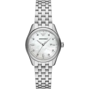 ar11614 emporio armani watch women mother of pearl white dial metal stainless steel silver strap quartz analog classic