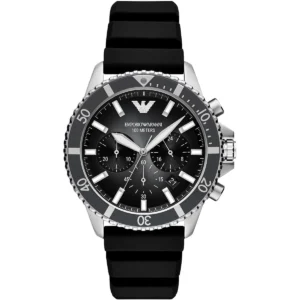 ar11619 emporio armani watch 100 meters men black dial rubber strap quartz analog chronograph world explorer
