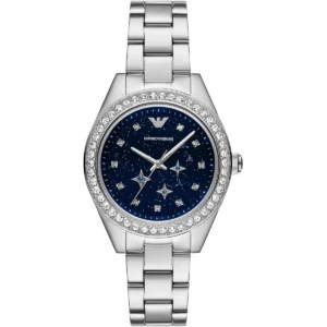 ar11628 emporio armani watch women crystals moonphase blue dial metal stainless steel silver strap quartz analog classic