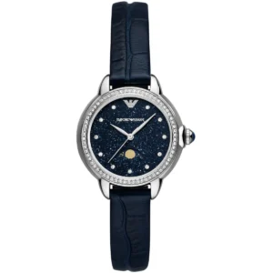 ar11629 emporio armani watch women crystals moonphase blue dial leather strap quartz analog mia