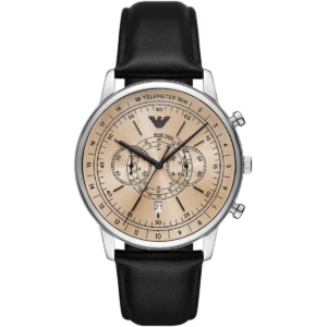ar11634 emporio armani watch men beige dial leather black strap quartz analog chronograph minimalist