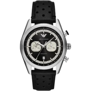 ar11635 emporio armani watch chronograph men black dial leather strap quartz analog racer