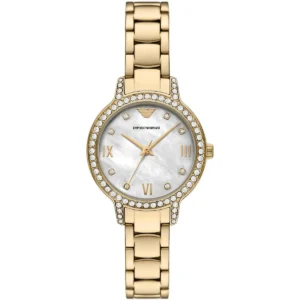 ar11652 emporio armani watch women mother of pearl crystals white dial metal stainless steel gold strap quartz analog cleo
