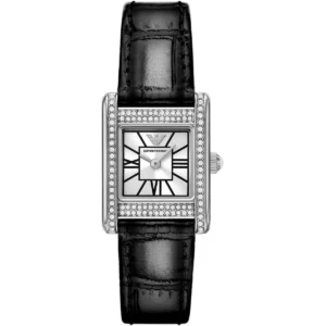 ar11660 emporio armani watch women crystals silver square dial leather black strap quartz analog ganni