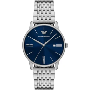 ar11674 emporio armani watch men blue dial metal stainless steel silver strap quartz analog minimalist