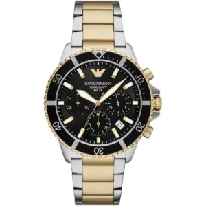 ar11680 emporio armani watch 100m 330ft men solar powered two tone black dial metal stainless steel silver gold strap quartz analog chronograph world explorer