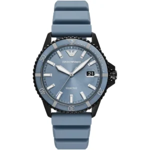 ar11685 emporio armani watch 100 meters men blue dial rubber strap quartz analog world explorer