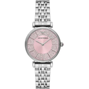 ar11686 emporio armani watch women crystals pink dial metal stainless steel silver strap quartz analog gianni t bar