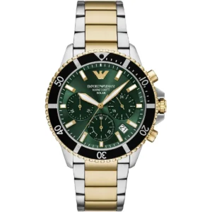 ar11695 emporio armani watch 100m 330ft men two tone solar powered green dial metal stainless steel silver gold strap quartz analog chronograph world explorer