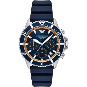 ar11696 emporio armani watch 100m 330ft men solar powered blue dial rubber blue strap quartz analog chronograph world explorer