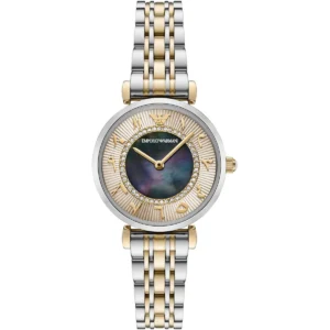 ar11719 emporio armani watch women crystals mother of pearl two tone arabic numbers multicolored dial metal stainless steel silver gold strap quartz analog gianni t bar