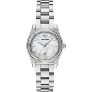 ar11723 emporio armani watch women mother of pearl white dial metal stainless steel silver strap quartz analog federica