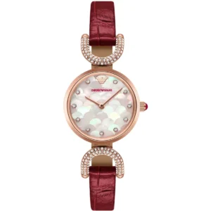 ar11737 emporio armani watch women crystals mother of pearl multicolored dial leather burgundy strap quartz analog